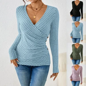 Women Slim Fit V-Neck Solid Tops Ladies Long Sleeve Party Shirt Blouse Pullover - Picture 1 of 28