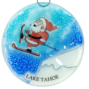 Ornamento albero di Natale Babbo Natale sci Lake Tahoe - mappa cattura luci vetro artistico - Foto 1 di 5