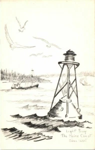 ME Postcard Light Buoy The Maine Coast Sketch Elsa West Lighthouse Ocean Gulls - Picture 1 of 2