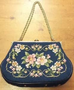 Vtg. Royal Blue, Floral, Needlepoint, Baguette Handbag, Brass Chain Link Strap - Picture 1 of 11