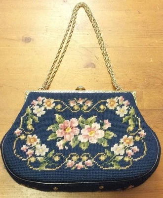 Vtg. Royal Blue, Floral, Needlepoint, Baguette Handbag, Brass Chain Link Strap - Image 1 of 4