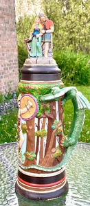 Rare Vintage 19" Tall German Lidded Stein w/ Warrior Fighting Dragon Motif - Bild 1 von 15