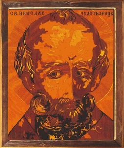 Saint Nicholas orthodox greec byzantine christian icon wood intarsia marquetry - Picture 1 of 14