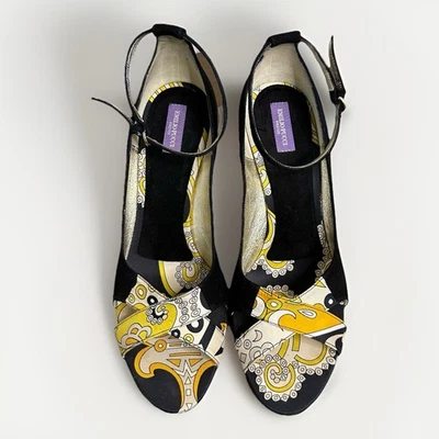 Emilio Pucci Puntera Abierta Correa de Tobillo Estampado Seda Satinado Negro Gamuza Tacón 40 Dorado EE. UU. 9 Foto 1 de 4