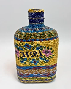 1927 date Bulgarian Glass Beadwork Crochet Beaded Covered Bottle Flask - Picture 1 of 10