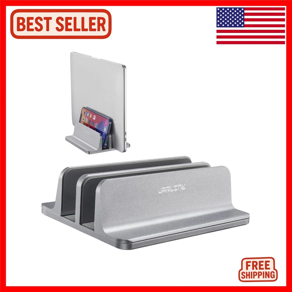 Elegante soporte vertical de aluminio para computadora portátil - Base doble para MacBook, superficie... Foto 1 de 4