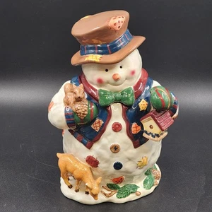 Ceramic Snowman Cookie Jar 13" with Birdhouse Squirrel Deer Hat & Bow Tie Jacket - Picture 1 of 11
