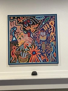 Indigenous Yarn Art from the Huichol Indians of Mexico large 23inches by 23 inch - Picture 1 of 3