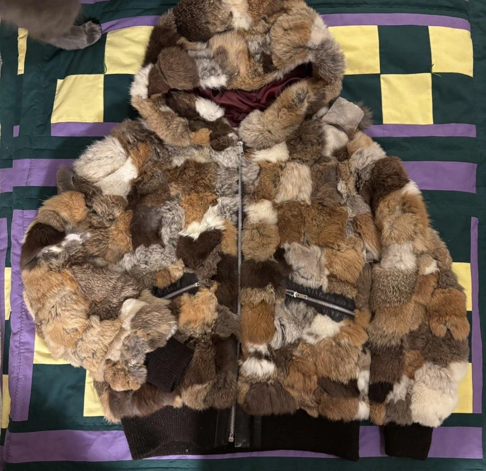 Vintage Grey/White Rabbit Fur Zip-Up Bomber Jacket Women's - Image 1 of 4