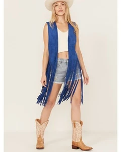 Fornia Women's Faux Suede Fringe Vest - FRNGVST2BLU Large - Picture 1 of 4