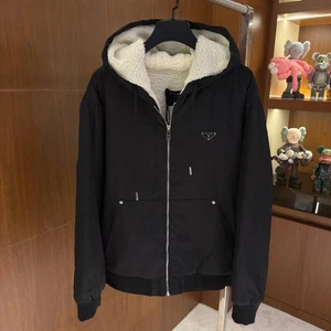 Prada Black Hooded Shearling-Lined Jacket Men’s L - Nylon Zip-Up, Winter Coat - Picture 1 of 5