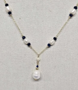 14k GF Freshwater Baroque Pearl & Sapphire Lavalier 'Y' Pendant Necklace - Picture 1 of 9