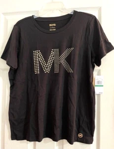 MICHAEL KORS T-Shirt MSRP $78 Black/Gold Color LOGO Studded sz.L   NWT - Picture 1 of 5