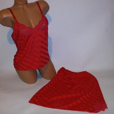 Vintage Undercover Wear Camisole Tank Top & Slip Set Medium Red Stripe Lace Trim - Image 1 of 4