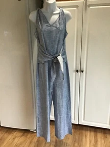 New Made with Love Jumper Pants size M Blue with Stripes Sleeveless Tie Front - Picture 1 of 7