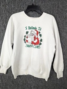Vintage Weihnachten Sweatshirt Herren L weiß Stechpalme I Believe In Santa Claus Liste - Bild 1 von 10
