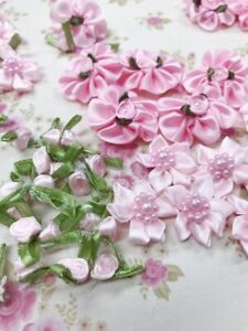 60 Mix Design Pink Tone Satin Ribbon Flower Rose/Leaf Applique/Pearl/Craft F75