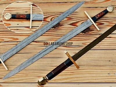 Custom Hand Forged Knight Bastard Damascus Blade Sword with Leather Sheath. - Image 1 of 4