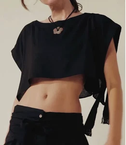 NEW FREE PEOPLE BLACK SUNDOWN CROPPED OPEN SIDE TIE SHIRT TOP SZ XS - Picture 1 of 6