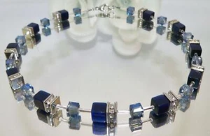 Halskette Würfelkette  Cube Cat Eye dunkelblau blau glas nachtblau Strass 510z - Bild 1 von 12