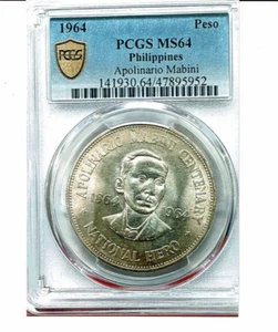 1964 1 Peso Apolinario Mabini MS 64 PCGS PRIMER MINISTRO DE FILIPINAS - Imagen 1 de 3