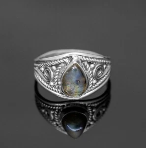925 Sterling Silver Ladies Labradorite Pear Gemstone Ring Gift Boxed Jewellery - Picture 1 of 6
