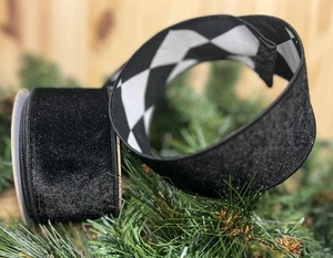 Cinta de Navidad de terciopelo negro y arlequín con cable de 1 pulgada o 2,5 pulgadas de ancho - Imagen 1 de 7