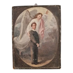 *HH* Antique Painting Angel Man Deceased Devotional Votive Religious Canvas - Picture 1 of 20