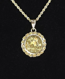 Moneda Panda Oro 24KT 1989 5 Yuan .999 en Cuerda de Oro Sólido 14K y Collar 16" 14K - Imagen 1 de 9