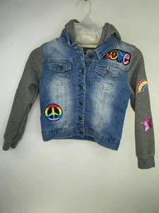 Vigoss Jean/Grey Jacket Faded Size 7 Hooded With Logos Long Sleeve Button Down - Picture 1 of 7