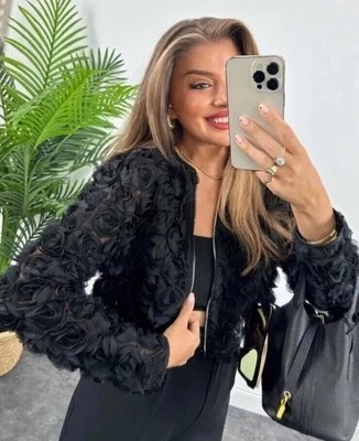 ZARA Black Textured Fabric Floral Zip Up Jacket Size XS Bloggers Fave 6318/227 - Image 1 of 4