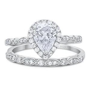 Two Piece Pear Teardrop Moissanite Halo Bridal Ring 925 Sterling Silver - Bild 1 von 24