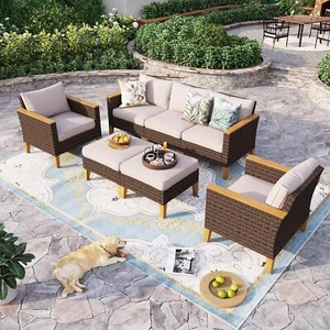 7 Piece Patio Furniture Set Outdoor Conversation Set Rattan Wicker Sofa 7-Seats - Picture 1 of 7