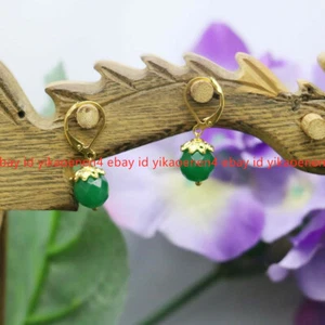 Fashion 8mm Faceted Green Emerald Round Gems Beads Dangle Leverback Gold Earring - Picture 1 of 12