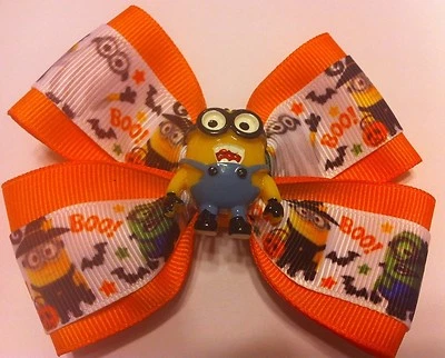 Disfraces de Halloween de esbirros de 4" de ancho con moño para niñas cinta naranja pasador francés Foto 1 de 3