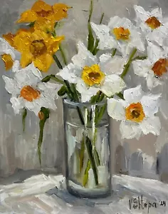 Blooming Flowers Daffodils Painting Original Oil Impressionism Signed Art 8x10in - Picture 1 of 7