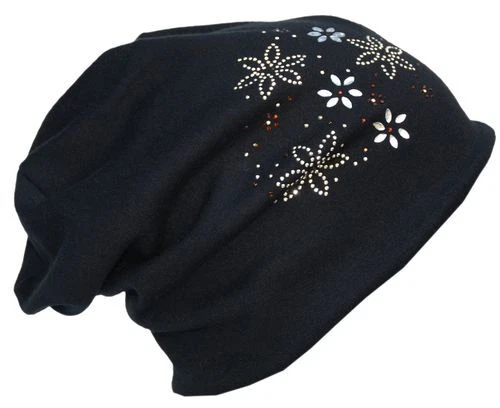 Cool4 WINTER STRASS BEANIE FLEECE Schwarz Blume Slouch Mütze WB13D