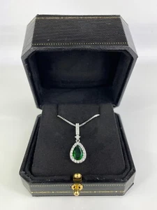 WHITE GOLD FINISH Pear Cut Green Emerald and Created Diamond Pendant Necklace - Picture 1 of 6
