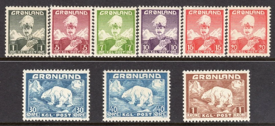 Greenland Scott #  1-9 VF Unused 1938-46 Christian X & Polar Bear Definitive Set - Image 1 of 1