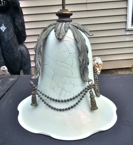 Vintage White Slag Glass Shade Hanging Ceiling Light Lamp Metal Accents Tassels - Picture 1 of 18