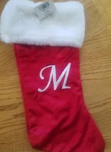 20" RED VELVET CHRISTMAS STOCKING MONOGRAM "M” WHITE PLUSH FUR TRIM Merry Brite - Picture 1 of 1