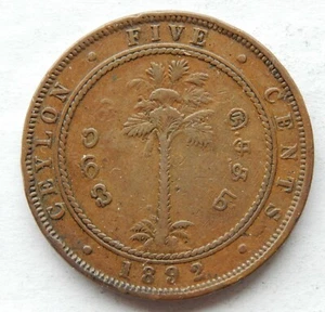 1892 Ceylon 5 Cents Coin  KM#93  SB6067 - Bild 1 von 2