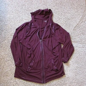 Catherines 1X Burgundy Red Sequin Accent Full Zip Hooded Jacket Hoodie Worn Once - Picture 1 of 2