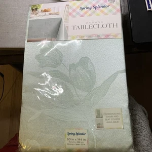 New Spring Pale Teal Color Tulip Damask Tablecloth 60”X 144” Poly/cotton NIP - Picture 1 of 3