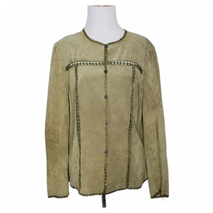 Sigrid Olsen Sport Suede Jacket Olive Button Up Ladder Stitching Women Medium - Picture 1 of 9