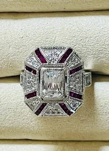 Moissanite Diamond Emerald Cut Pink Sapphire Sliver Vintage Style Ring Size 5 - Picture 1 of 8