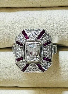 Moissanite Diamond Emerald Cut Pink Sapphire Sliver Vintage Style Ring Size 5 - Image 1 of 4