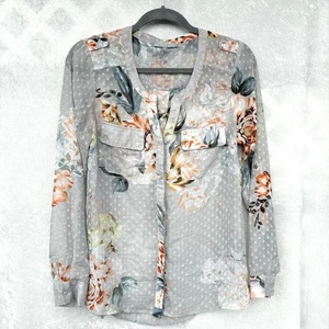 DANIEL RAINN Button Up Blouse Sheer Eyelet Size M Summer Floral Roll Tab Sleeve - Picture 1 of 12