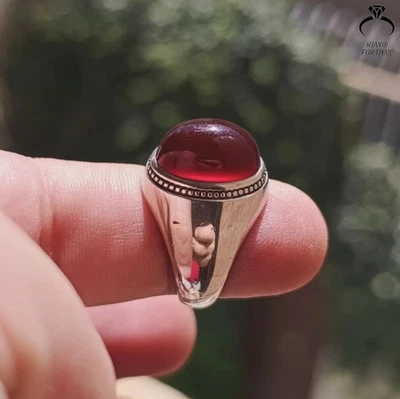 Vintage Cabochon Yemeni Aqeeq Ring Natural Red Agate Handmade 925 Silver Jewelry - Image 1 of 4