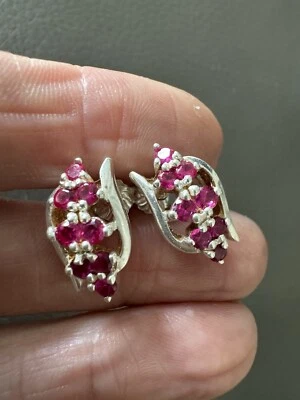Vintage 925 Sterling Silver Lab Created Ruby Stud Earrings - Image 1 of 4